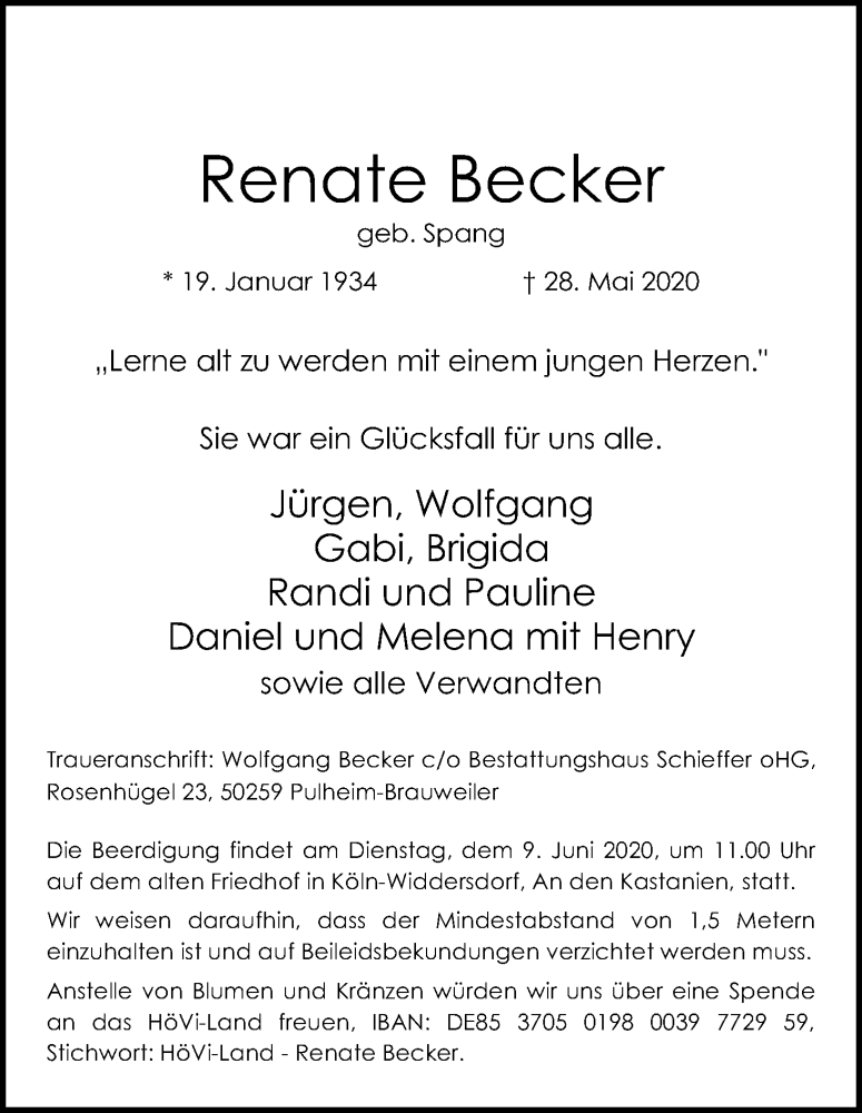  Traueranzeige für Renate Becker vom 06.06.2020 aus Kölner Stadt-Anzeiger / Kölnische Rundschau / Express
