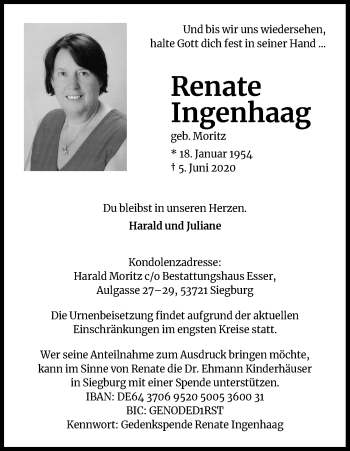 Anzeige von Renate Ingenhaag von Kölner Stadt-Anzeiger / Kölnische Rundschau / Express