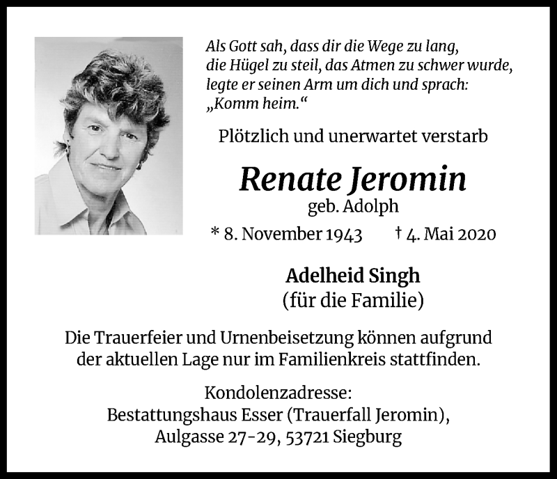  Traueranzeige für Renate Jeromin vom 06.06.2020 aus Kölner Stadt-Anzeiger / Kölnische Rundschau / Express