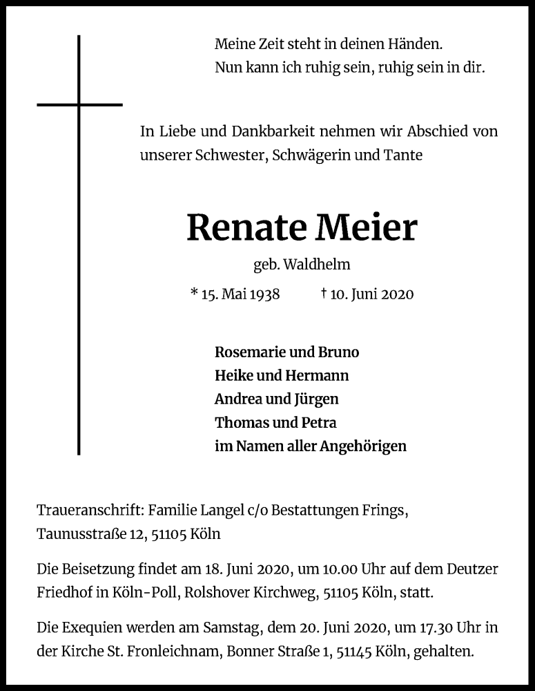  Traueranzeige für Renate Meier vom 16.06.2020 aus Kölner Stadt-Anzeiger / Kölnische Rundschau / Express