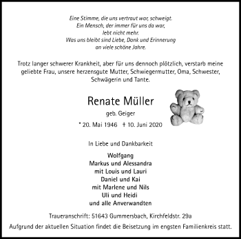 Anzeige von Renate Müller von Kölner Stadt-Anzeiger / Kölnische Rundschau / Express