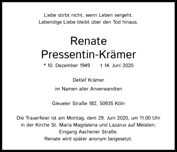Anzeige von Renate Pressentin-Krämer von Kölner Stadt-Anzeiger / Kölnische Rundschau / Express