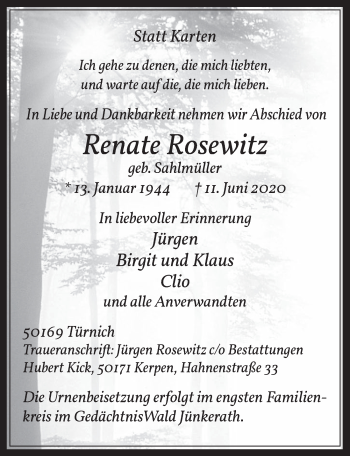 Anzeige von Renate Rosewitz von  Werbepost 
