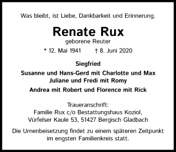 Anzeige von Renate Rux von Kölner Stadt-Anzeiger / Kölnische Rundschau / Express