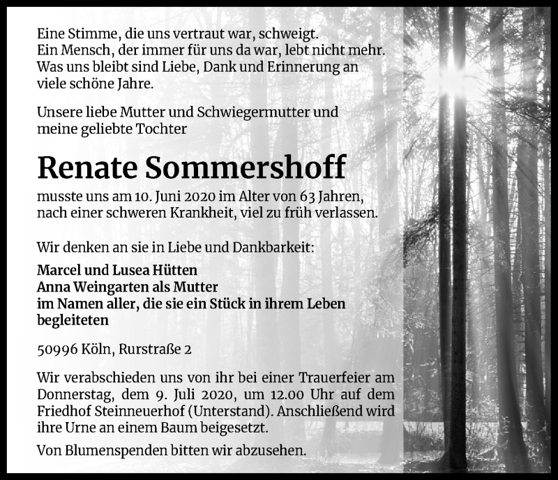  Traueranzeige für Renate Sommershoff vom 27.06.2020 aus Kölner Stadt-Anzeiger / Kölnische Rundschau / Express