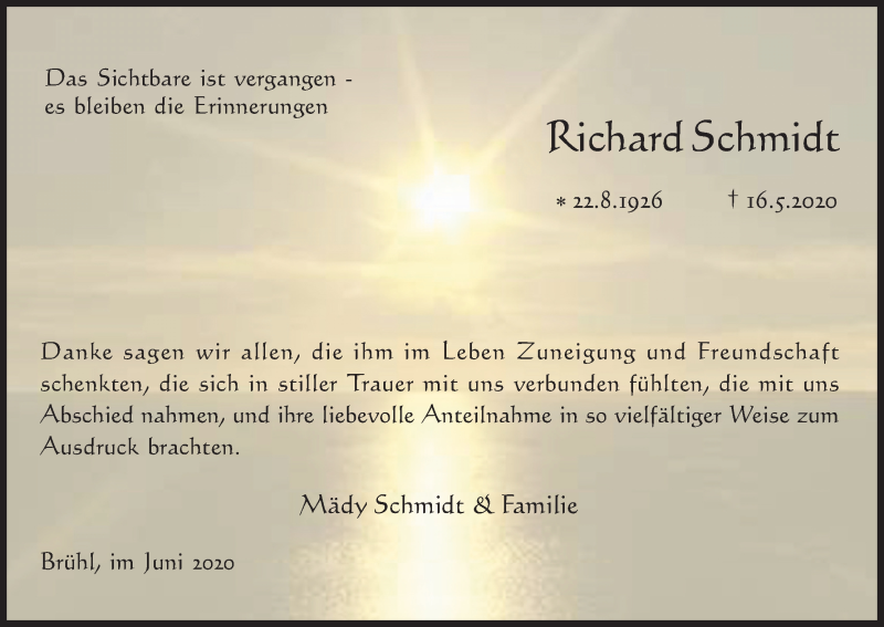  Traueranzeige für Richard Schmidt vom 27.06.2020 aus Kölner Stadt-Anzeiger / Kölnische Rundschau / Express