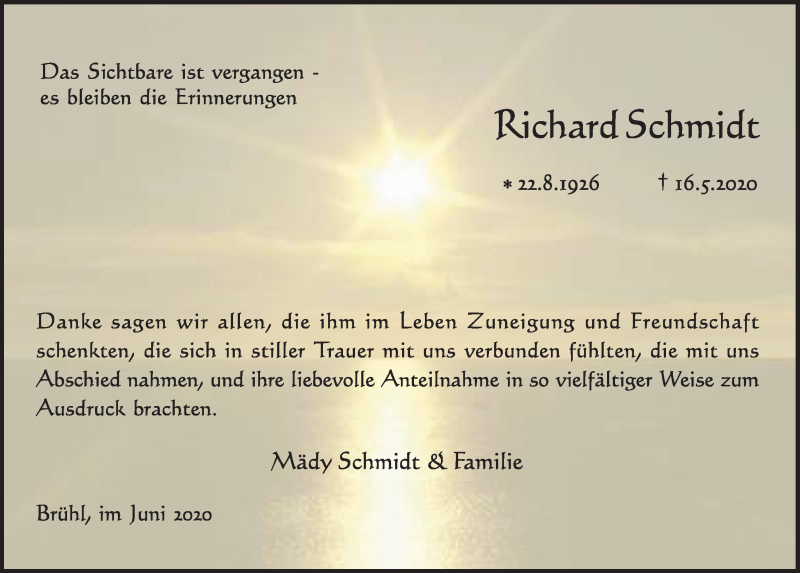  Traueranzeige für Richard Schmidt vom 26.06.2020 aus  Schlossbote/Werbekurier 