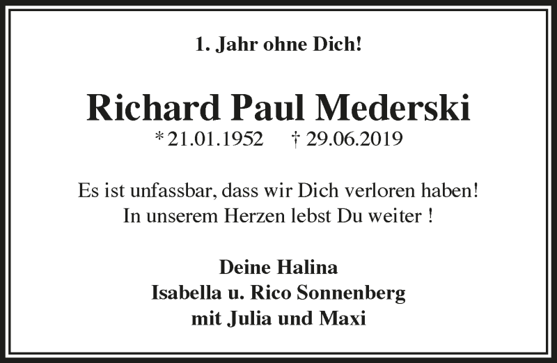  Traueranzeige für Richard Paul Mederski vom 26.06.2020 aus  Anzeigen Echo 