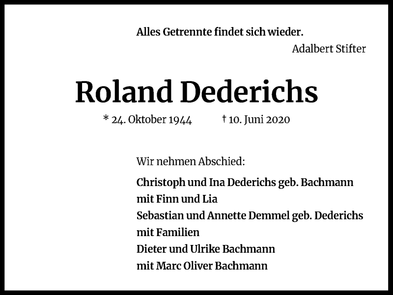  Traueranzeige für Roland Dederichs vom 20.06.2020 aus Kölner Stadt-Anzeiger / Kölnische Rundschau / Express