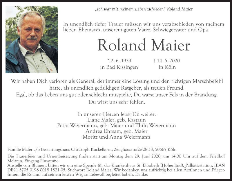  Traueranzeige für Roland Maier vom 20.06.2020 aus Kölner Stadt-Anzeiger / Kölnische Rundschau / Express
