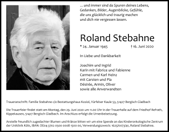 Anzeige von Roland Stebahne von Kölner Stadt-Anzeiger / Kölnische Rundschau / Express