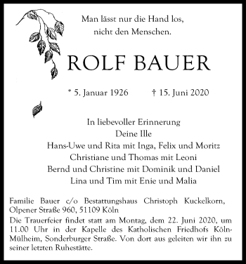 Anzeige von Rolf Bauer von Kölner Stadt-Anzeiger / Kölnische Rundschau / Express