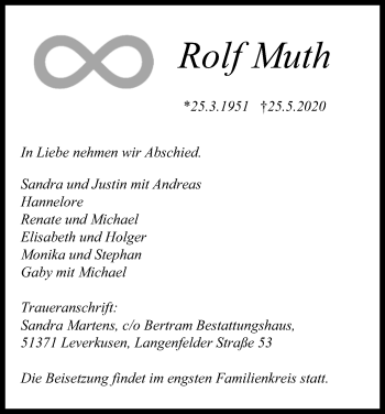 Anzeige von Rolf Muth von Kölner Stadt-Anzeiger / Kölnische Rundschau / Express