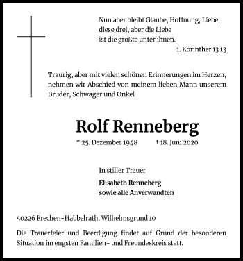 Anzeige von Rolf Renneberg von Kölner Stadt-Anzeiger / Kölnische Rundschau / Express