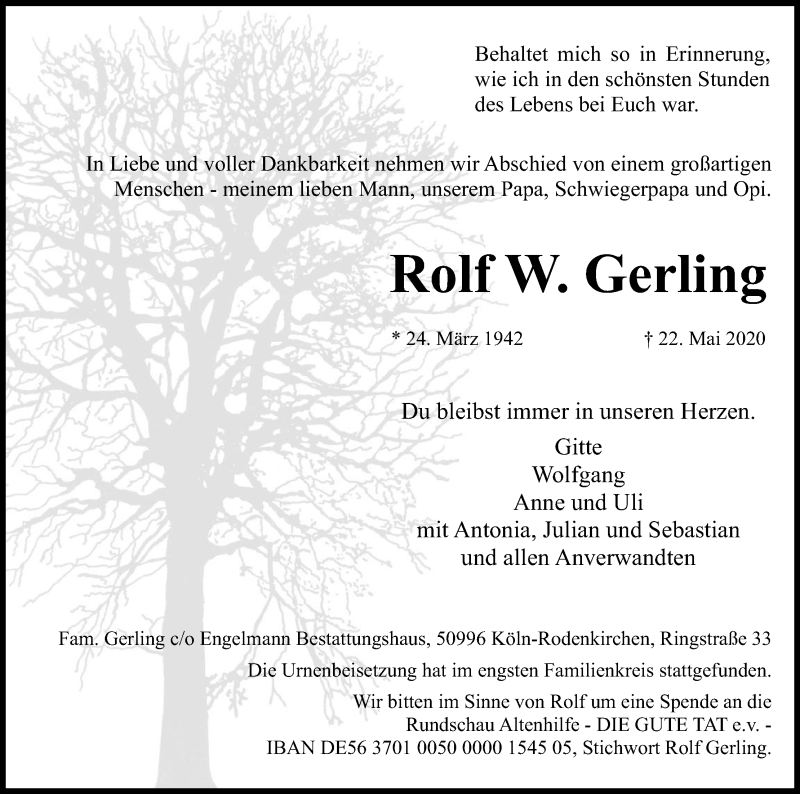  Traueranzeige für Rolf W. Gerling vom 13.06.2020 aus Kölner Stadt-Anzeiger / Kölnische Rundschau / Express