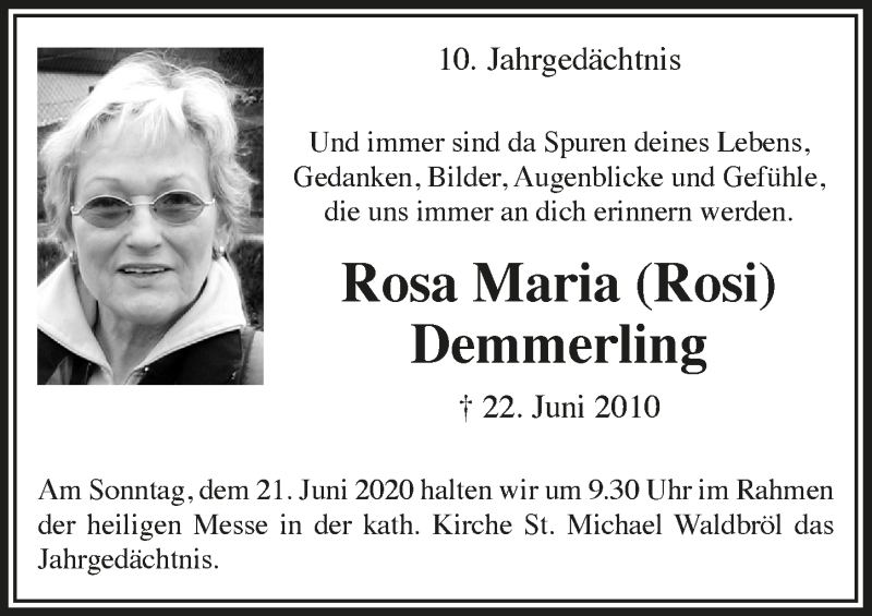  Traueranzeige für Rosa Maria Demmerling vom 12.06.2020 aus  Lokalanzeiger 