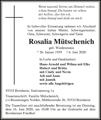 Anzeige von Rosalia Mütschenich von  Schaufenster/Blickpunkt 