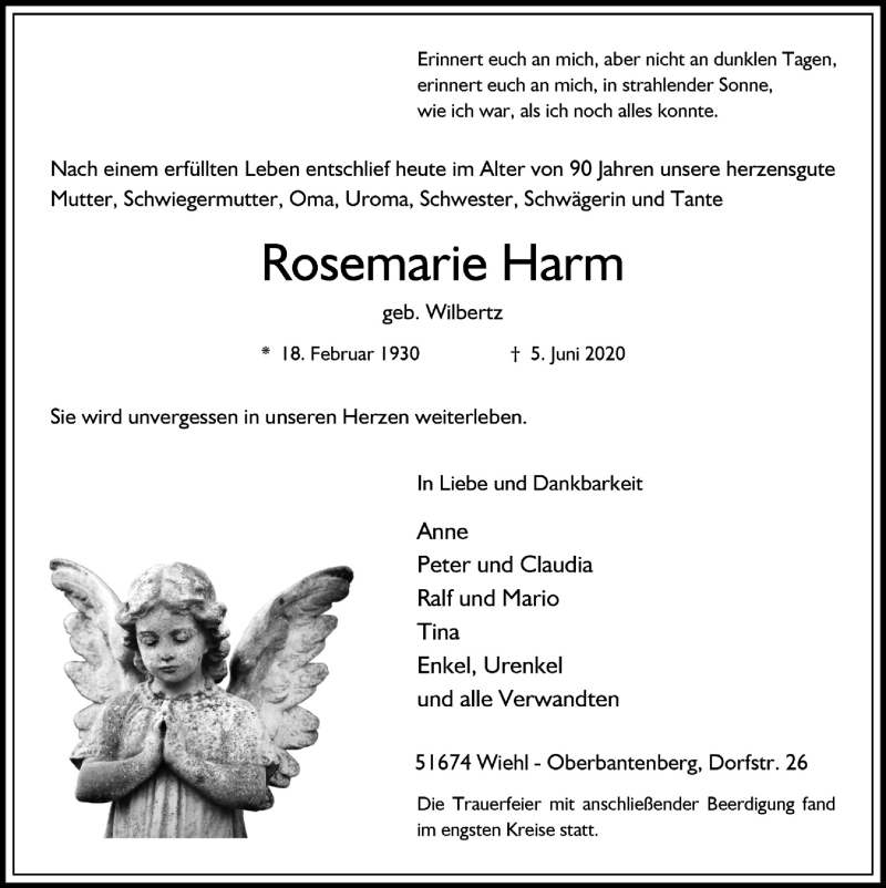  Traueranzeige für Rosemarie Harm vom 12.06.2020 aus  Anzeigen Echo 