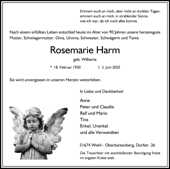 Anzeige von Rosemarie Harm von Kölner Stadt-Anzeiger / Kölnische Rundschau / Express
