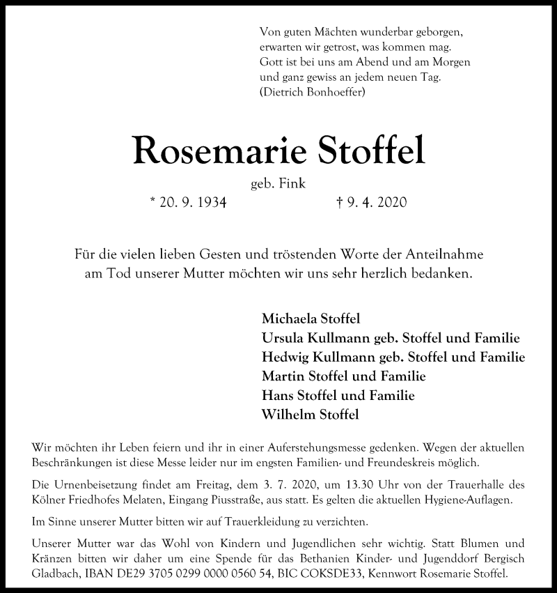  Traueranzeige für Rosemarie Stoffel vom 27.06.2020 aus Kölner Stadt-Anzeiger / Kölnische Rundschau / Express