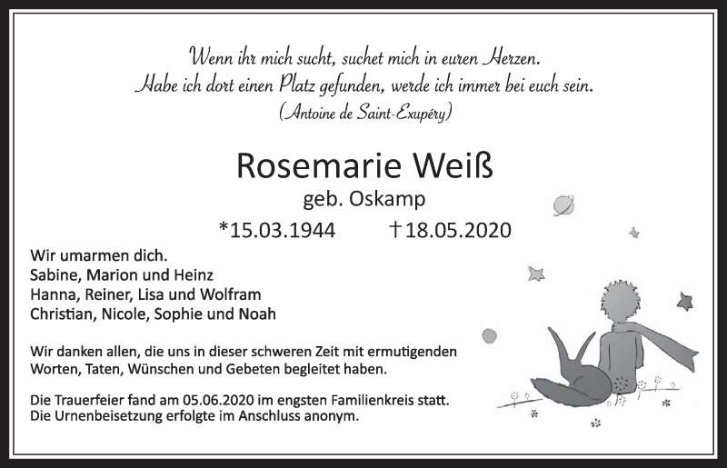  Traueranzeige für Rosemarie Weiß vom 05.06.2020 aus  Werbepost 