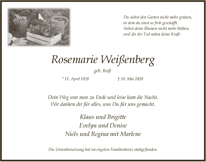  Traueranzeige für Rosemarie Weißenberg vom 05.06.2020 aus  Anzeigen Echo 