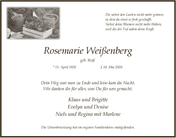 Anzeige von Rosemarie Weißenberg von  Anzeigen Echo 