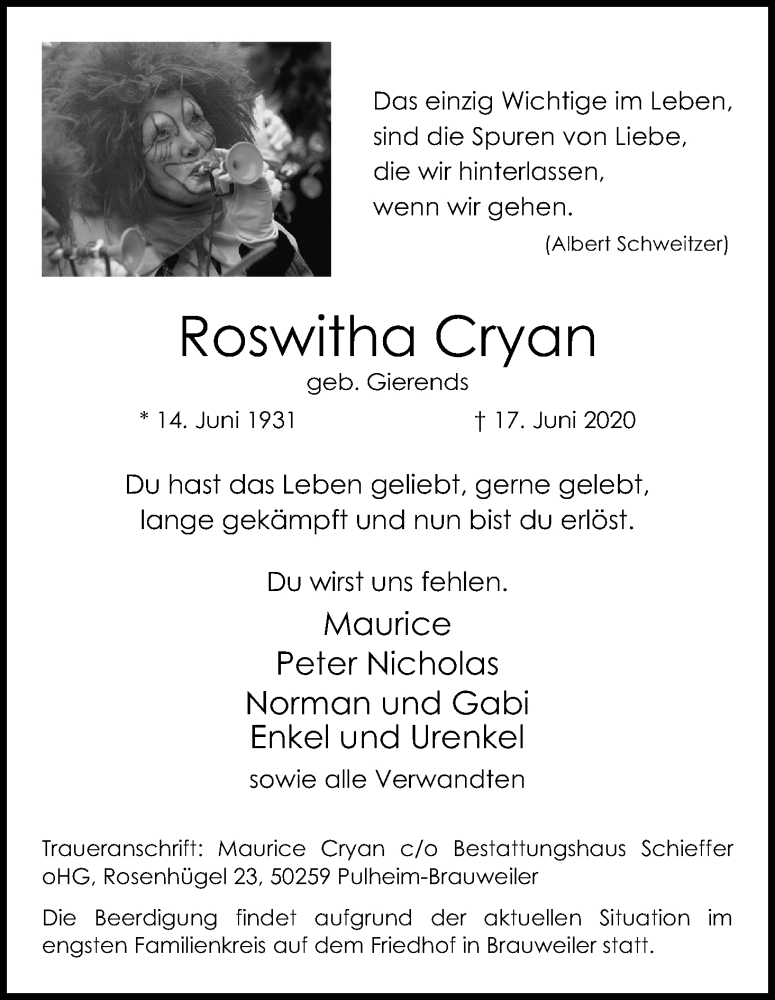  Traueranzeige für Roswitha Cryan vom 20.06.2020 aus Kölner Stadt-Anzeiger / Kölnische Rundschau / Express