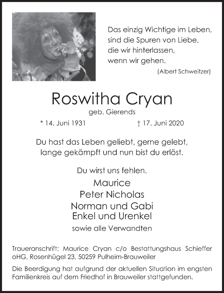  Traueranzeige für Roswitha Cryan vom 26.06.2020 aus  Wochenende 