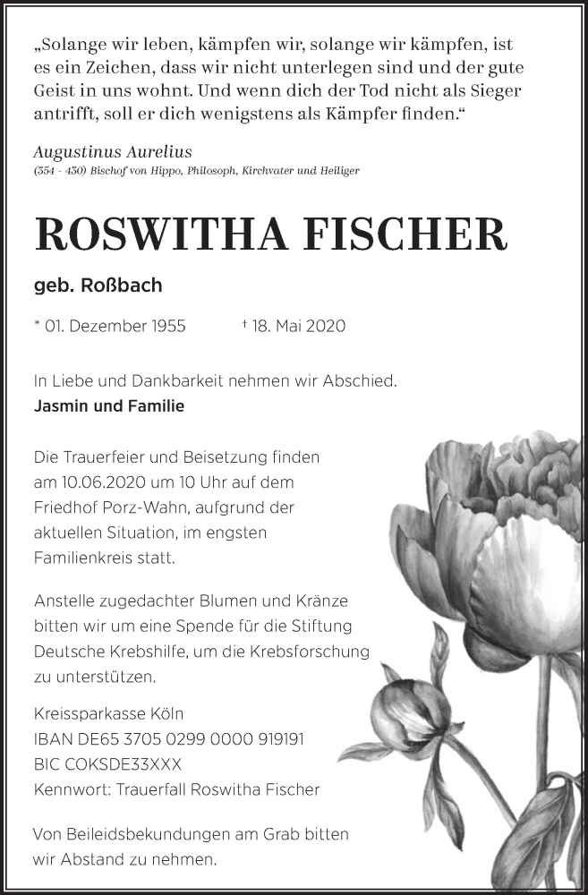  Traueranzeige für Roswitha Fischer vom 05.06.2020 aus  Kölner Wochenspiegel  Extra Blatt 
