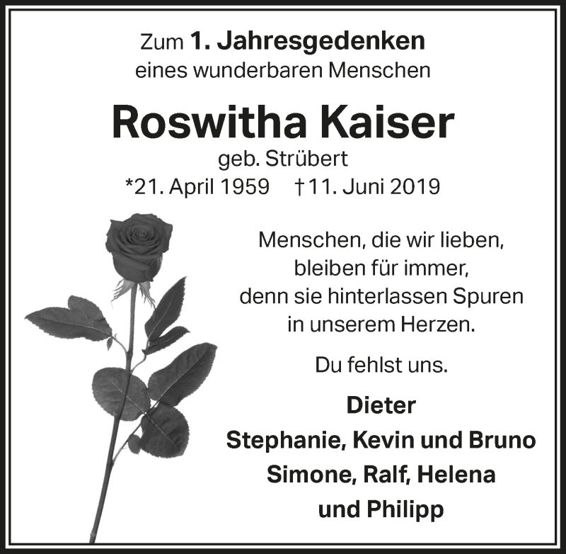  Traueranzeige für Roswitha Kaiser vom 05.06.2020 aus  Lokale Informationen 