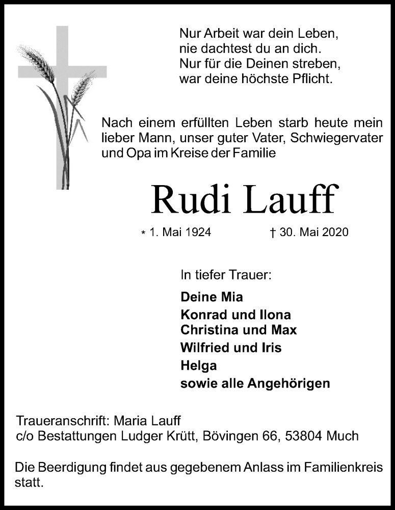  Traueranzeige für Rudi Lauff vom 06.06.2020 aus Kölner Stadt-Anzeiger / Kölnische Rundschau / Express