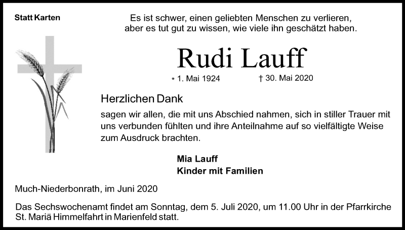  Traueranzeige für Rudi Lauff vom 20.06.2020 aus Kölner Stadt-Anzeiger / Kölnische Rundschau / Express