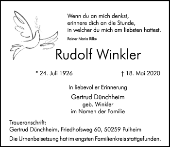 Anzeige von Rudolf Winkler von Kölner Stadt-Anzeiger / Kölnische Rundschau / Express