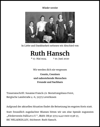 Anzeige von Ruth Hansch von Kölner Stadt-Anzeiger / Kölnische Rundschau / Express