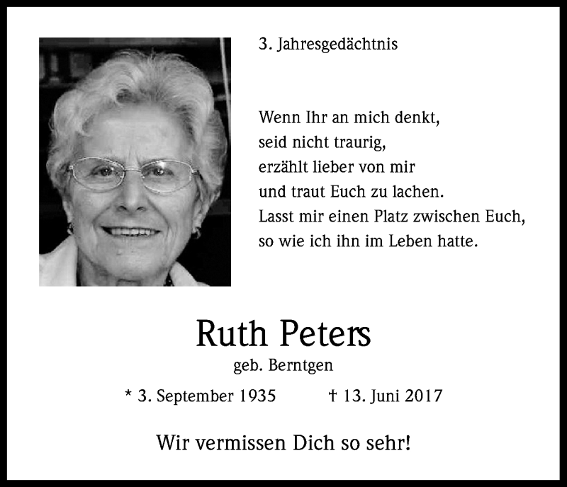  Traueranzeige für Ruth Peters vom 13.06.2020 aus Kölner Stadt-Anzeiger / Kölnische Rundschau / Express