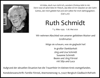 Anzeige von Ruth Schmidt von Kölner Stadt-Anzeiger / Kölnische Rundschau / Express