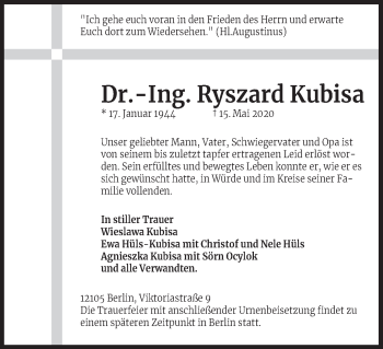 Anzeige von Ryszard Kubisa von Kölner Stadt-Anzeiger / Kölnische Rundschau / Express