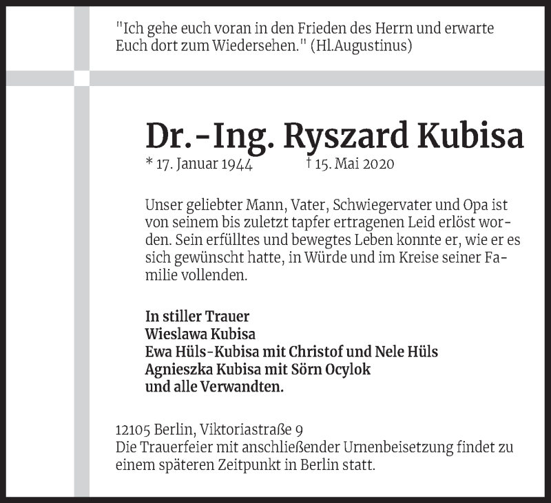  Traueranzeige für Ryszard Kubisa vom 06.06.2020 aus Kölner Stadt-Anzeiger / Kölnische Rundschau / Express