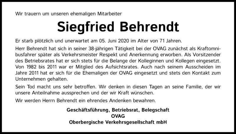  Traueranzeige für Siegfried Behrendt vom 20.06.2020 aus Kölner Stadt-Anzeiger / Kölnische Rundschau / Express