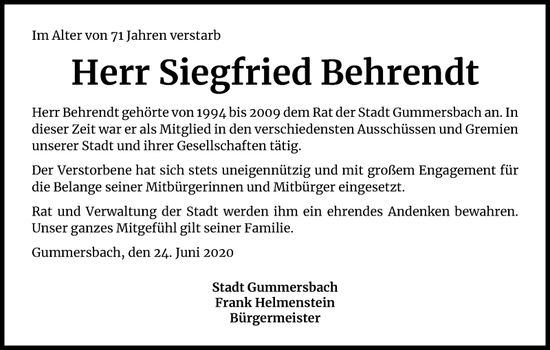  Traueranzeige für Siegfried Behrendt vom 27.06.2020 aus Kölner Stadt-Anzeiger / Kölnische Rundschau / Express