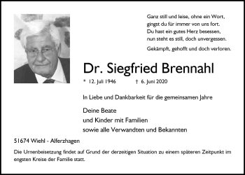 Anzeige von Siegfried Brennah von  Anzeigen Echo 
