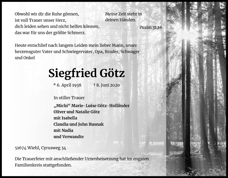  Traueranzeige für Siegfried Götz vom 20.06.2020 aus Kölner Stadt-Anzeiger / Kölnische Rundschau / Express