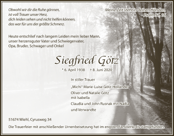 Anzeige von Siegfried Götz von  Anzeigen Echo  Lokalanzeiger 