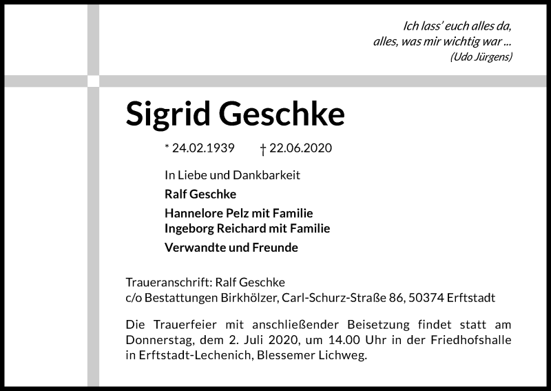 Traueranzeige für Sigrid Geschke vom 27.06.2020 aus Kölner Stadt-Anzeiger / Kölnische Rundschau / Express