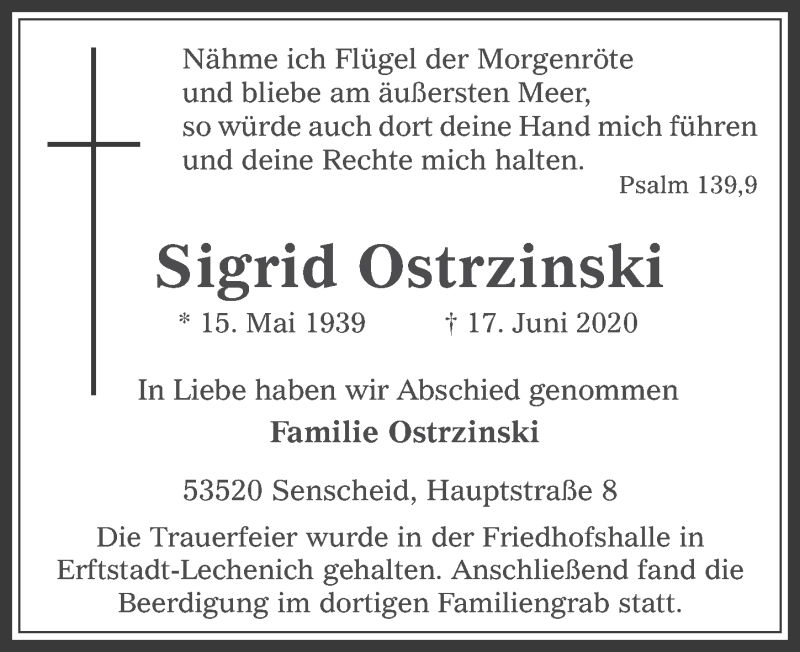  Traueranzeige für Sigrid Ostrzinski vom 26.06.2020 aus  Werbepost 