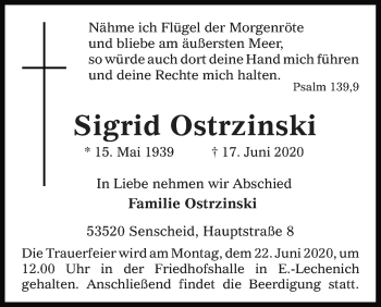 Anzeige von Sigrid Ostrzinski von Kölner Stadt-Anzeiger / Kölnische Rundschau / Express
