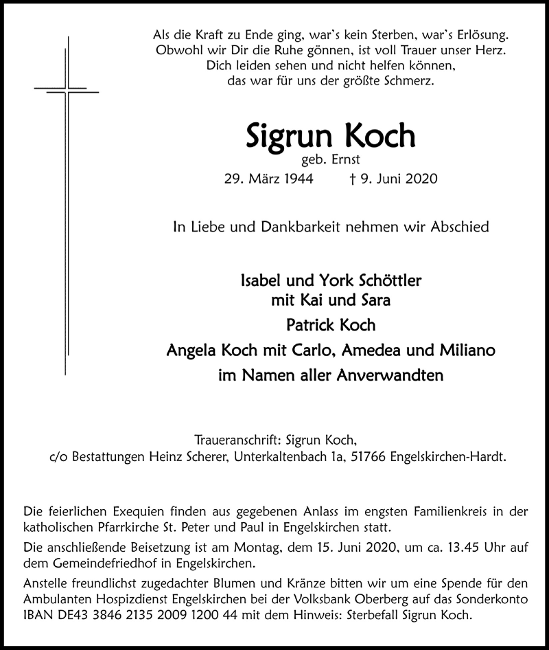  Traueranzeige für Sigrun Koch vom 12.06.2020 aus  Anzeigen Echo 