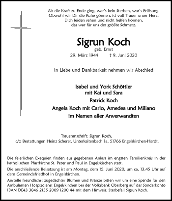 Anzeige von Sigrun Koch von Kölner Stadt-Anzeiger / Kölnische Rundschau / Express