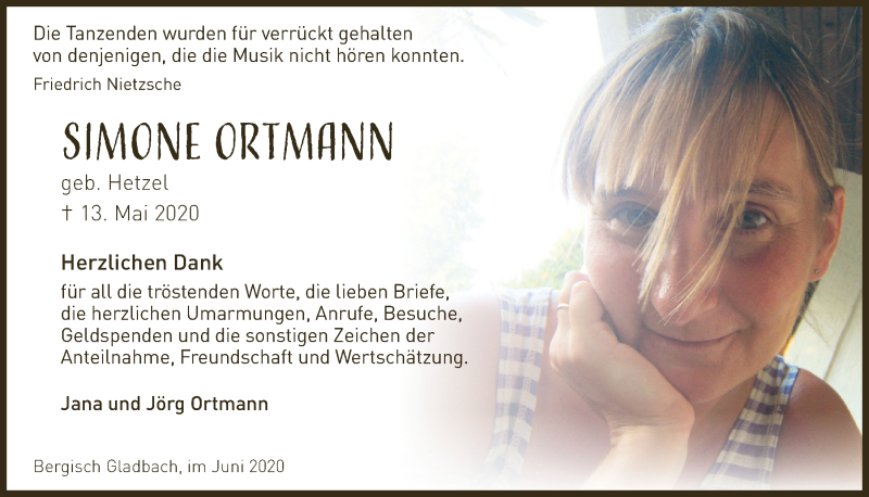  Traueranzeige für Simone Ortmann vom 19.06.2020 aus  Bergisches Handelsblatt 